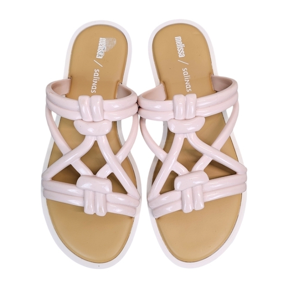 Melissa + Salinas Wave Slide Sandals Sz 9 Pink + Tan Vegan Leather Coquette Girl